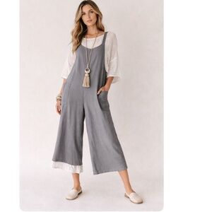 Hunter & Brown Linen Blend Lagenlook Wide Leg Jumpsuit Overalls Gray Small